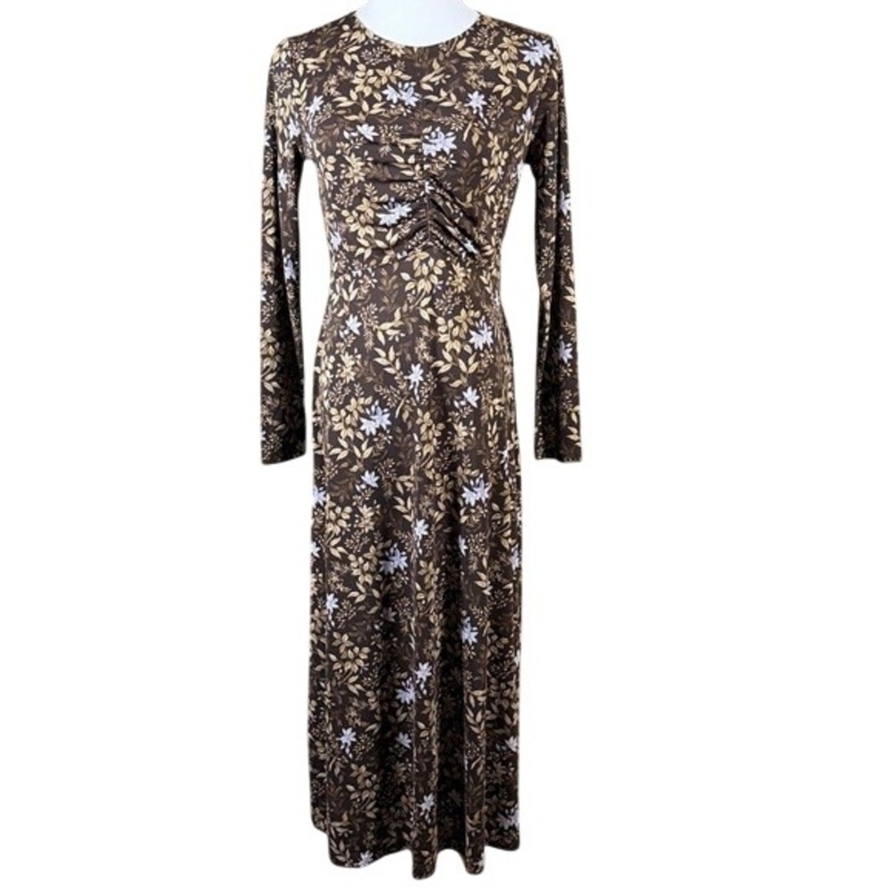 LOFT Womens Brown Floral Ruched Long Sleeve Maxi Dress Size M Stretch RN140923